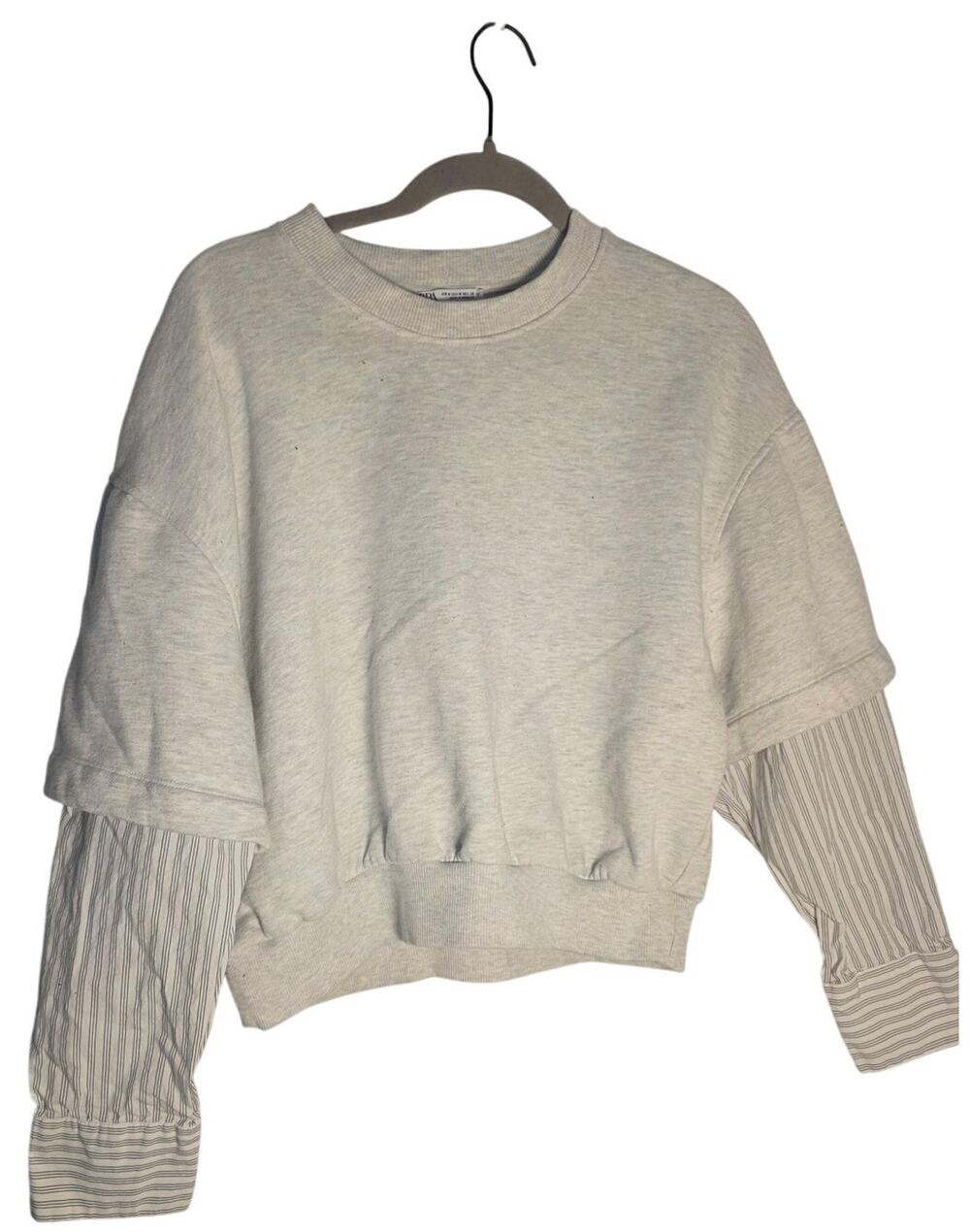 Zara Womens Medium Contrast Sleeve Sweatshirt Gray Cropped Striped Minimalist